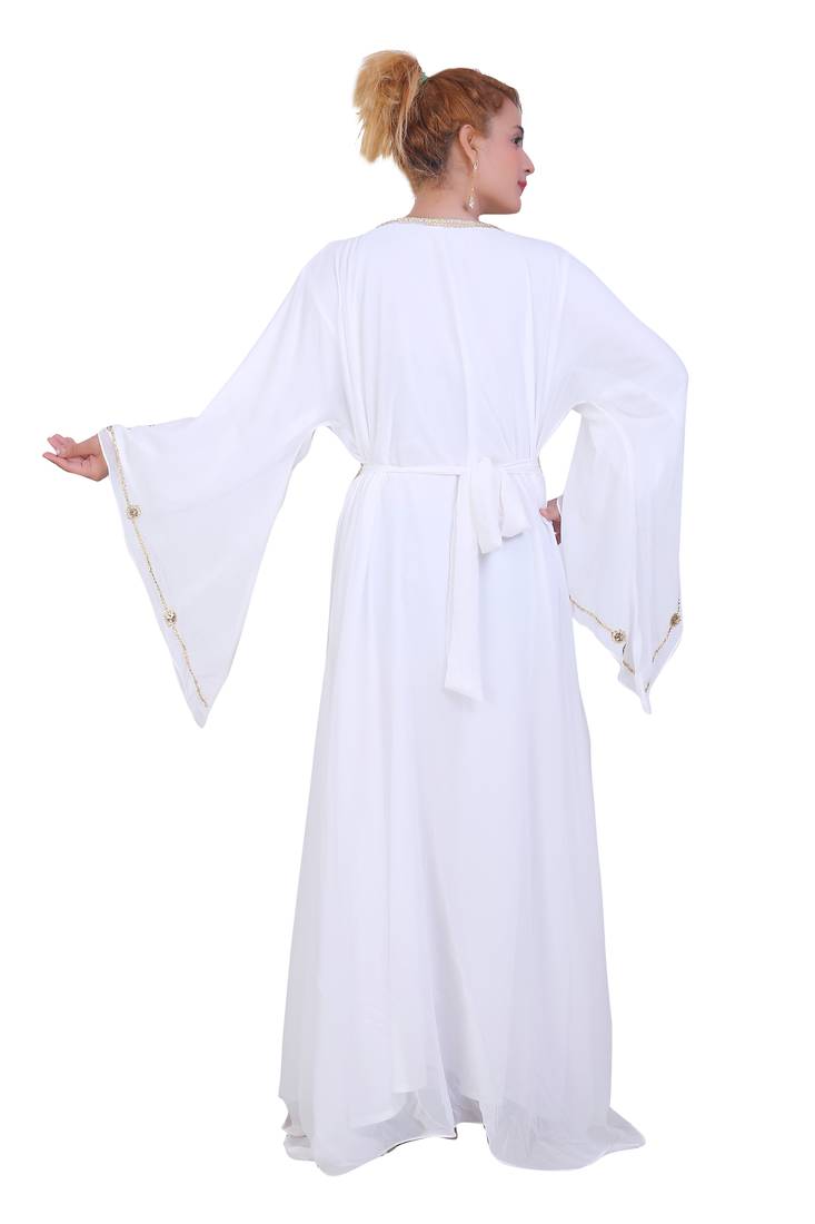 White Zari Stone Work Georgette Islamic Style Beads Embedded Partywear Kaftan Long Gown Evening wear Dubai kaftan
