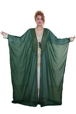 Green Zari Stone Work Georgette Islamic Style Beads Embedded Partywear Kaftan Long Gown Evening wear Dubai kaftan 1