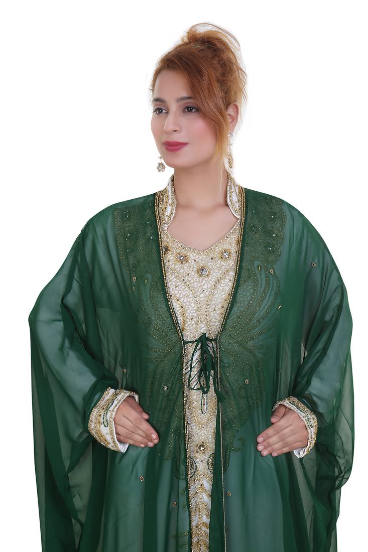 Green Zari Stone Work Georgette Islamic Style Beads Embedded Partywear Kaftan Long Gown Evening wear Dubai kaftan