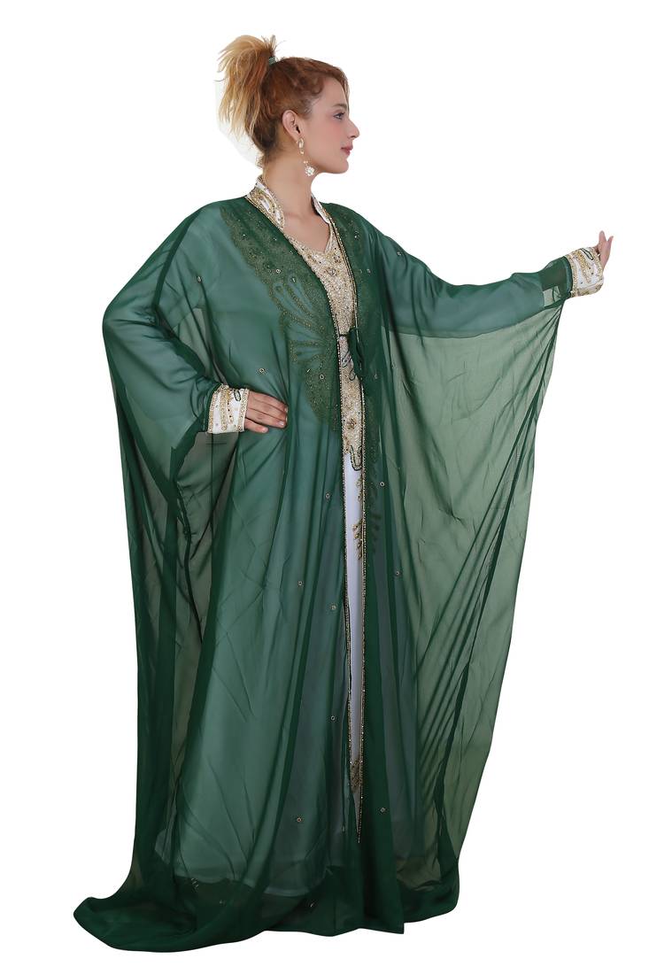 Green Zari Stone Work Georgette Islamic Style Beads Embedded Partywear Kaftan Long Gown Evening wear Dubai kaftan