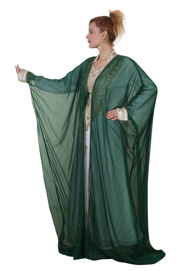 Green Zari Stone Work Georgette Islamic Style Beads Embedded Partywear Kaftan Long Gown Evening wear Dubai kaftan