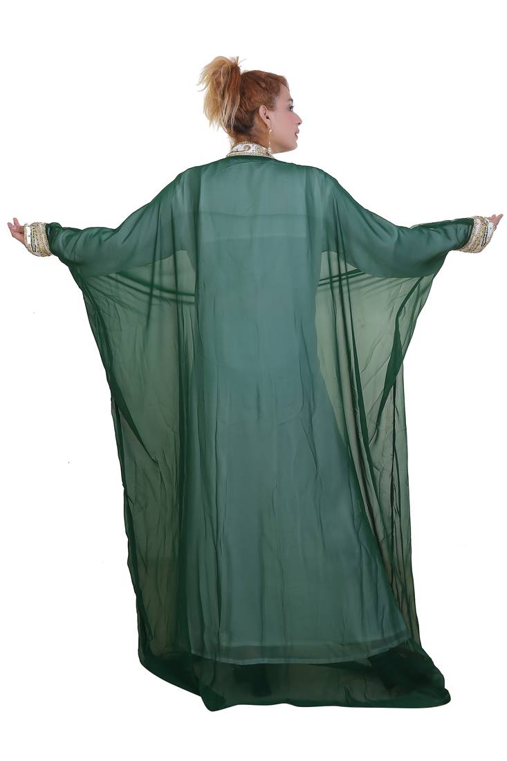 Green Zari Stone Work Georgette Islamic Style Beads Embedded Partywear Kaftan Long Gown Evening wear Dubai kaftan