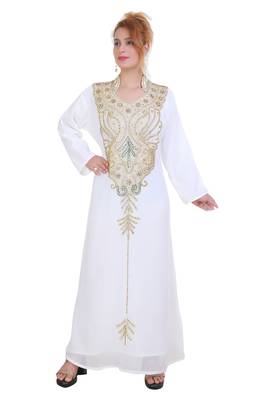 White Zari Stone Work Georgette Islamic Style Beads Embedded Partywear Kaftan Long Gown Evening wear Dubai kaftan 1