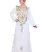 White Zari Stone Work Georgette Islamic Style Beads Embedded Partywear Kaftan Long Gown Evening wear Dubai kaftan