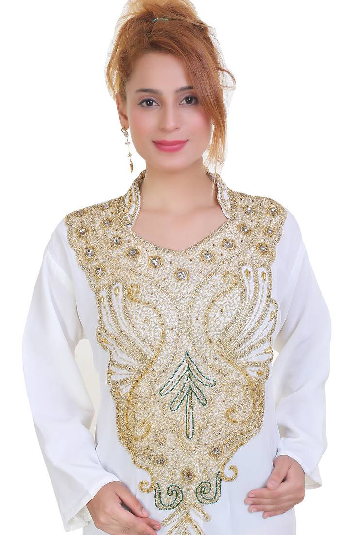 White Zari Stone Work Georgette Islamic Style Beads Embedded Partywear Kaftan Long Gown Evening wear Dubai kaftan