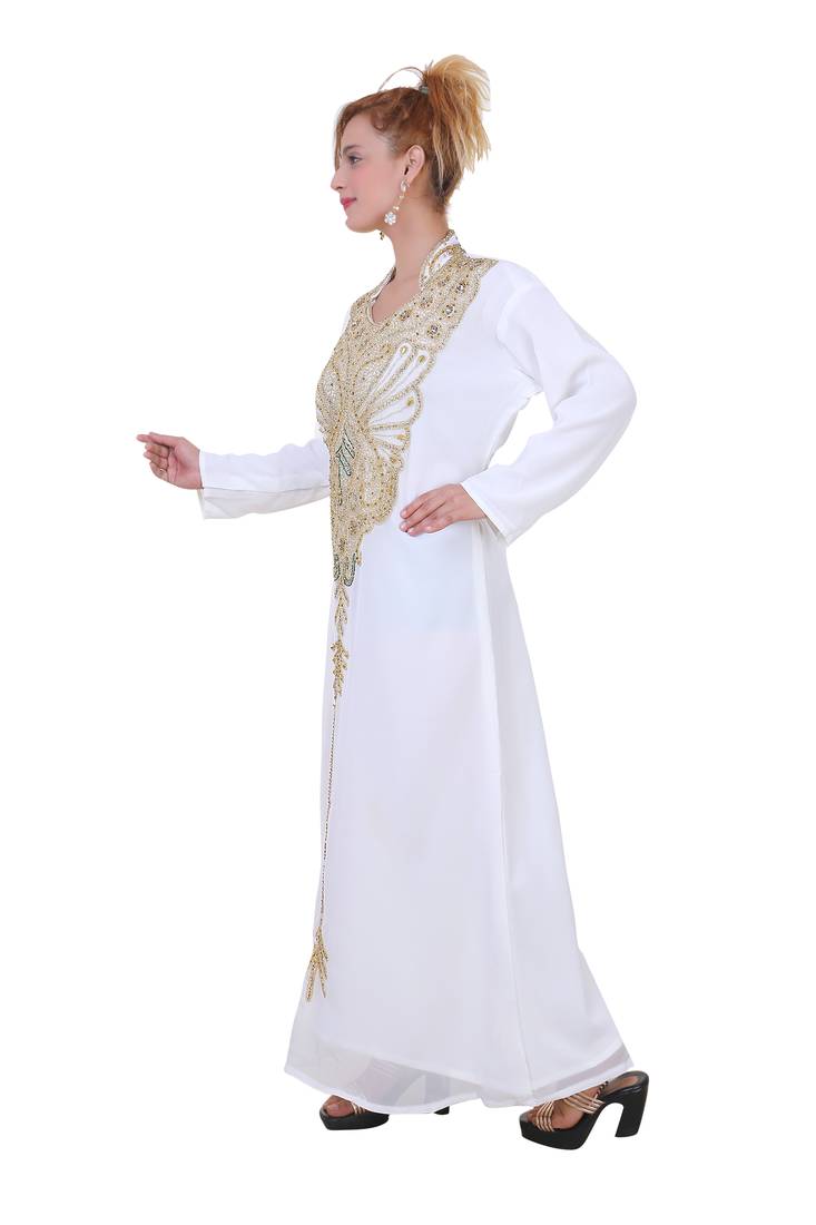 White Zari Stone Work Georgette Islamic Style Beads Embedded Partywear Kaftan Long Gown Evening wear Dubai kaftan