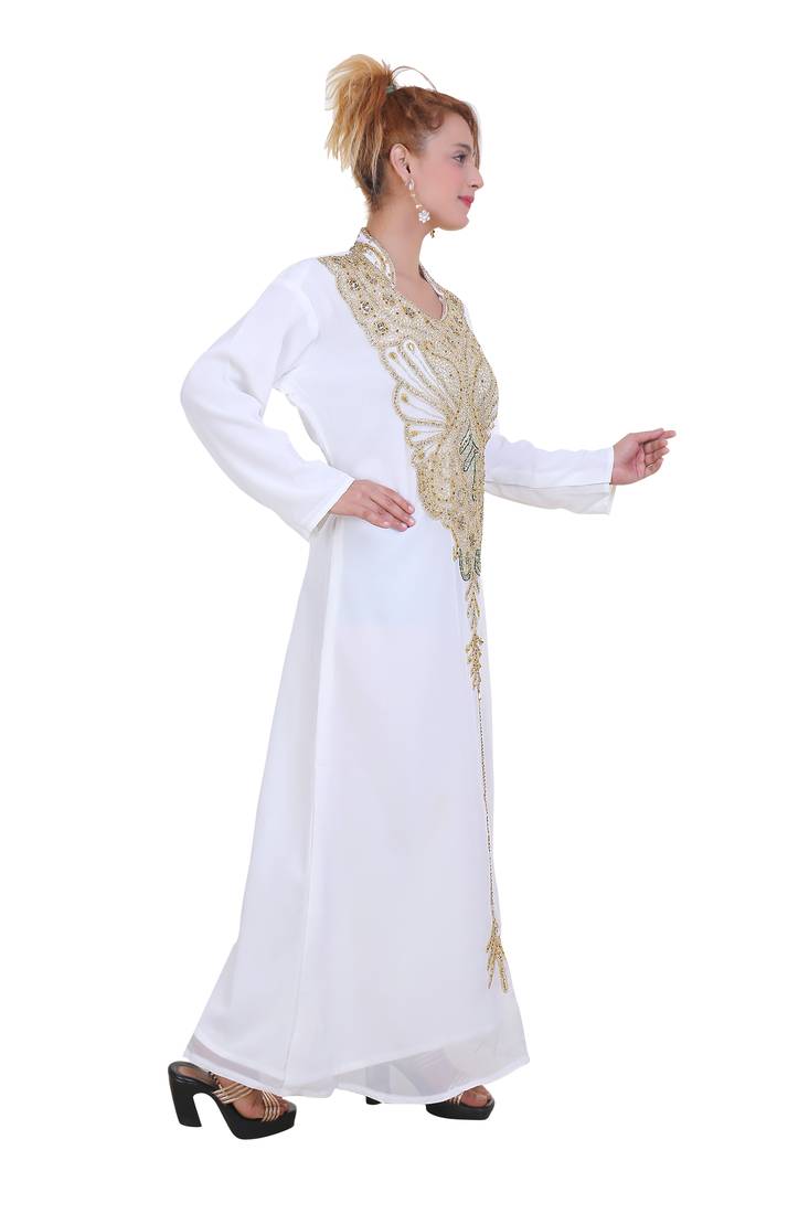 White Zari Stone Work Georgette Islamic Style Beads Embedded Partywear Kaftan Long Gown Evening wear Dubai kaftan