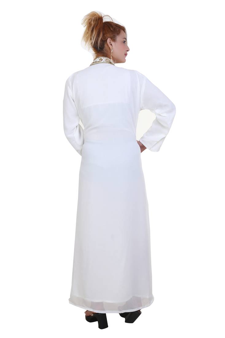 White Zari Stone Work Georgette Islamic Style Beads Embedded Partywear Kaftan Long Gown Evening wear Dubai kaftan