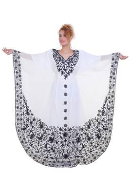 White Ari Work Georgette Islamic Style Stone Embedded Partywear Kaftan Long Gown Evening wear Dubai kaftan 1