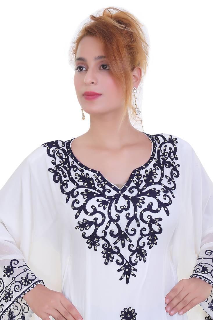 White Ari Work Georgette Islamic Style Stone Embedded Partywear Kaftan Long Gown Evening wear Dubai kaftan