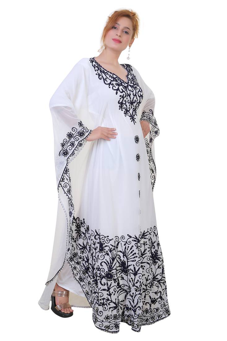 White Ari Work Georgette Islamic Style Stone Embedded Partywear Kaftan Long Gown Evening wear Dubai kaftan