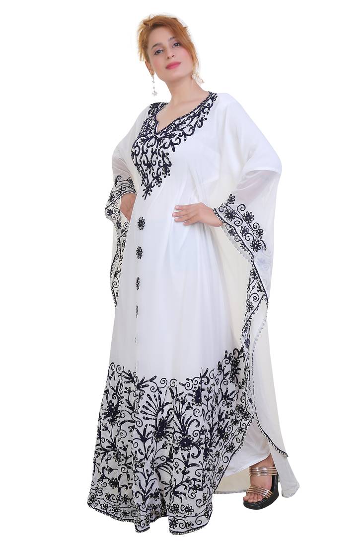 White Ari Work Georgette Islamic Style Stone Embedded Partywear Kaftan Long Gown Evening wear Dubai kaftan