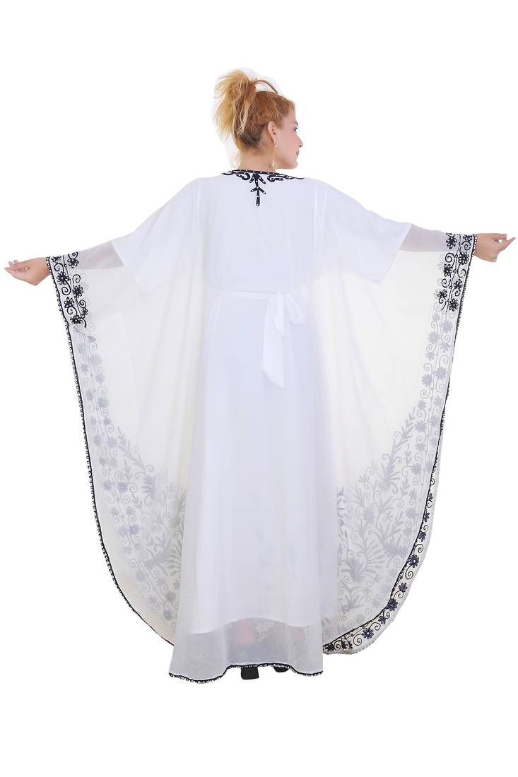White Ari Work Georgette Islamic Style Stone Embedded Partywear Kaftan Long Gown Evening wear Dubai kaftan