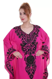 Rani Pink Aari Stone Work Georgette Islamic Style Beads Embedded Partywear Kaftan Long Gown Evening wear Dubai kaftan
