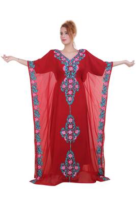 Red Aari Stone Work Georgette Islamic Style Beads Embedded Partywear Kaftan Long Gown Evening wear Dubai kaftan 1