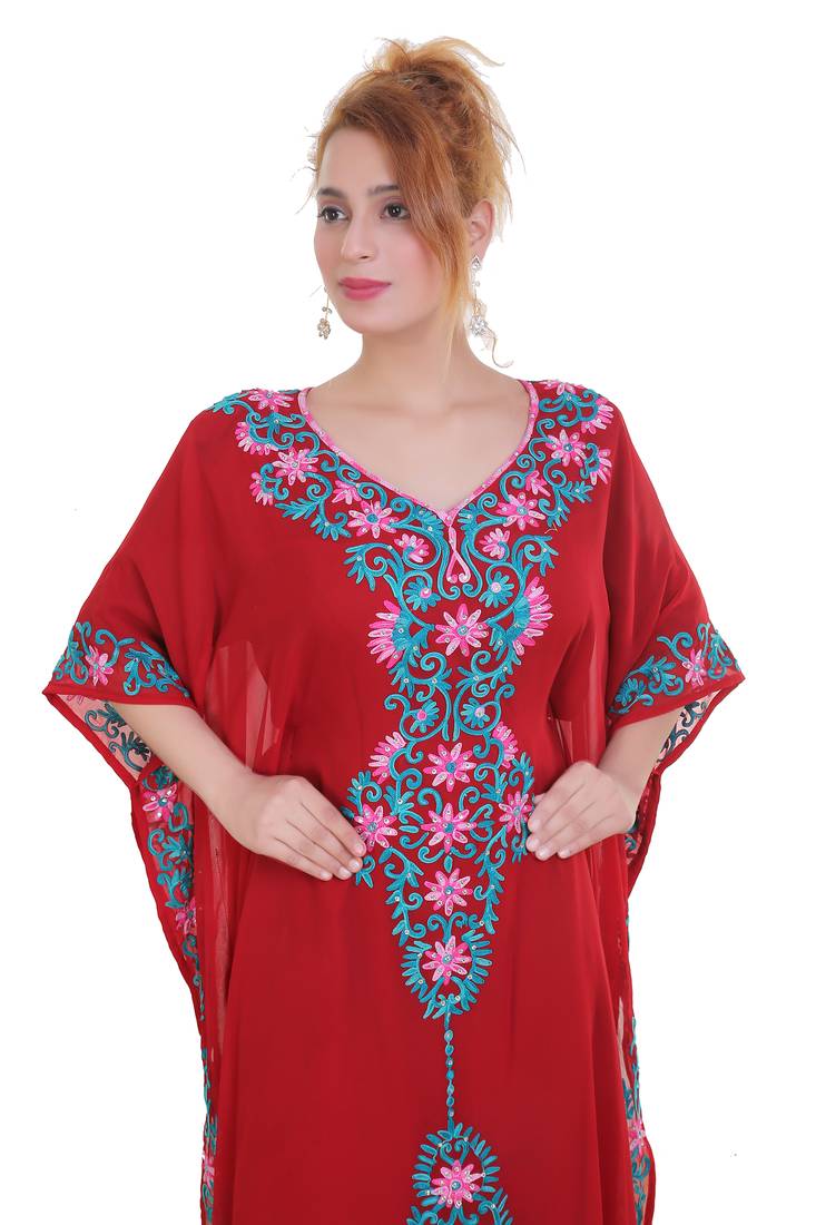 Red Aari  Stone Work Georgette Islamic Style Beads Embedded Partywear Kaftan Long Gown Evening wear Dubai kaftan