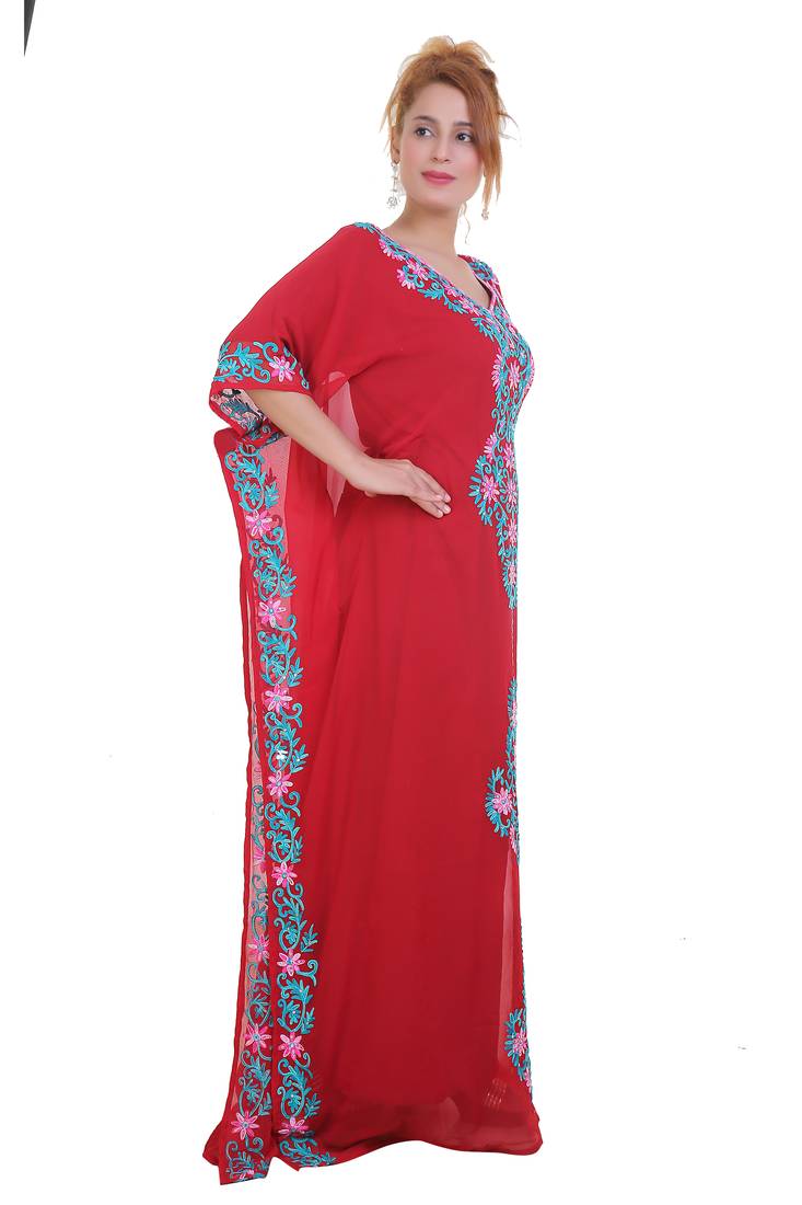 Red Aari  Stone Work Georgette Islamic Style Beads Embedded Partywear Kaftan Long Gown Evening wear Dubai kaftan