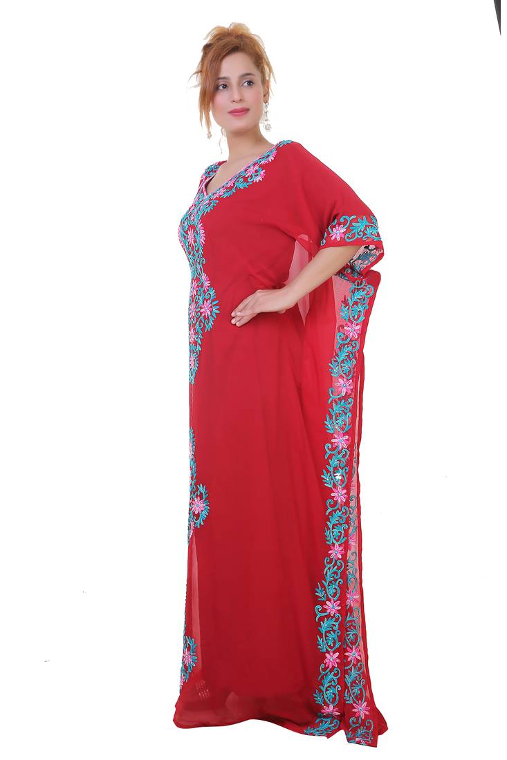 Red Aari  Stone Work Georgette Islamic Style Beads Embedded Partywear Kaftan Long Gown Evening wear Dubai kaftan