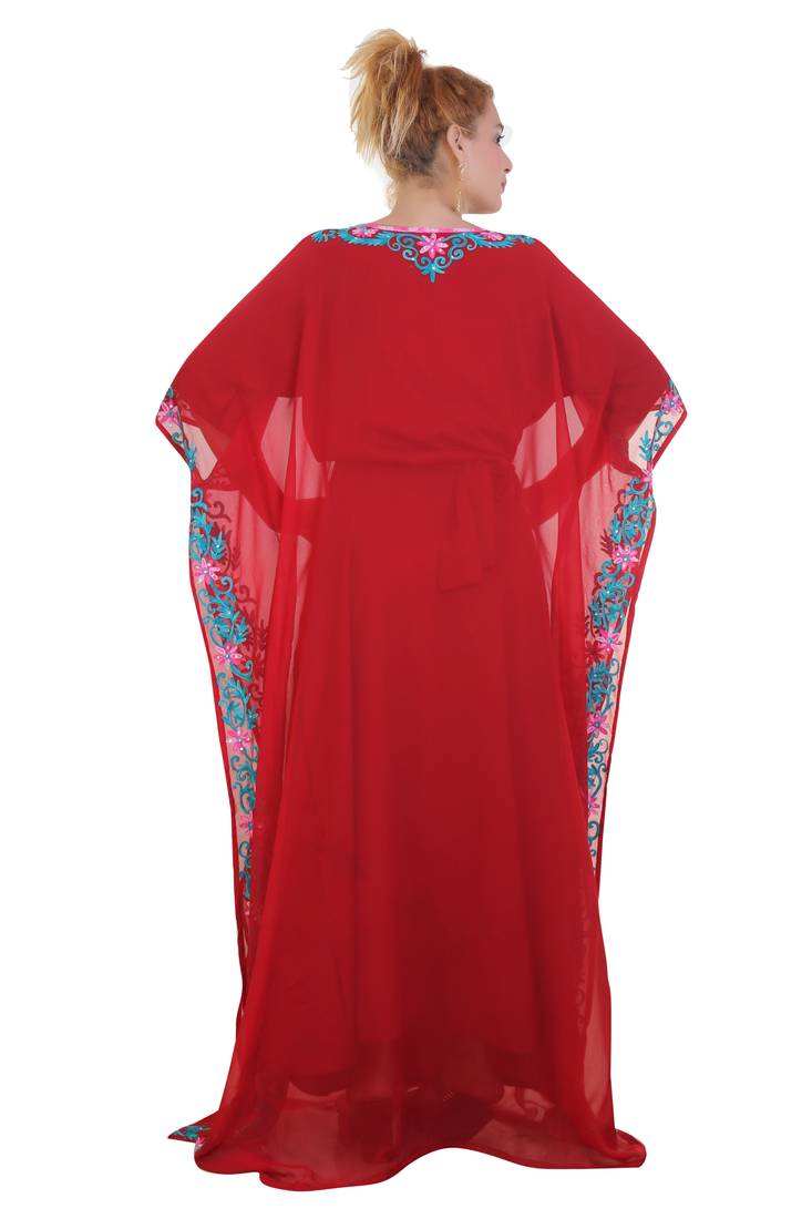 Red Aari  Stone Work Georgette Islamic Style Beads Embedded Partywear Kaftan Long Gown Evening wear Dubai kaftan