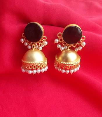 RozMili Nickle free Gold Plated Matte finish Brass Jaipuri Monalisa stone Jhumka earring 1