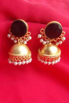 RozMili Nickle free Gold Plated Matte finish Brass Jaipuri Monalisa stone Jhumka earring