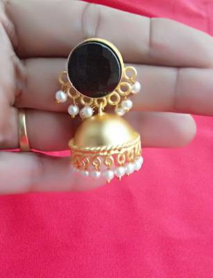 RozMili Nickle free Gold Plated Matte finish Brass Jaipuri Monalisa stone Jhumka earring 3