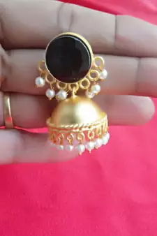 RozMili Nickle free Gold Plated Matte finish Brass Jaipuri Monalisa stone Jhumka earring