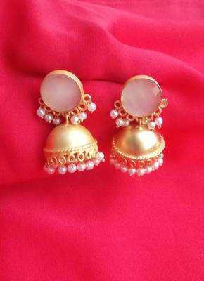 RozMili Handcrafted Nickle free Gold plated Matte finish Brass Jaipuri Monalisa stone Jhumka Earring 1