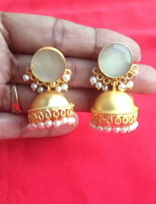 RozMili Handcrafted Nickle free Gold plated Matte finish Brass Jaipuri Monalisa stone Jhumka Earring 3