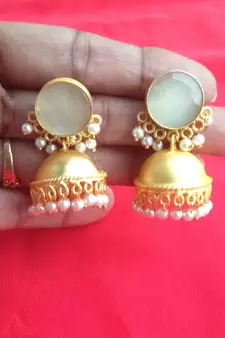 RozMili Handcrafted Nickle free Gold plated Matte finish Brass Jaipuri Monalisa stone Jhumka Earring