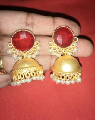 RozMili Handcrafted Nickle free Gold plated Matte finish Brass Jaipuri Monalisa stone Jhumka Earring 3
