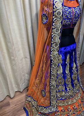 Pure Micro Velvet Wedding Wear Lehenga In Blue With Embroidery And Crystal Stone Work 2