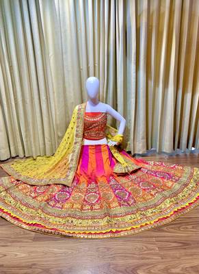 Pure Satin Silk Wedding Wear Lehenga In Malticolor With Embroidery And Crystal Stone Work 1