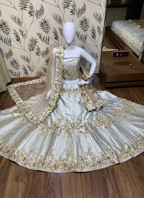 Pure Satin Silk Wedding Wear Lehenga In Light Grey With Embroidery And Crystal Stone Work 1