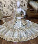 Pure Satin Silk Wedding Wear Lehenga In Light Grey With Embroidery And Crystal Stone Work
