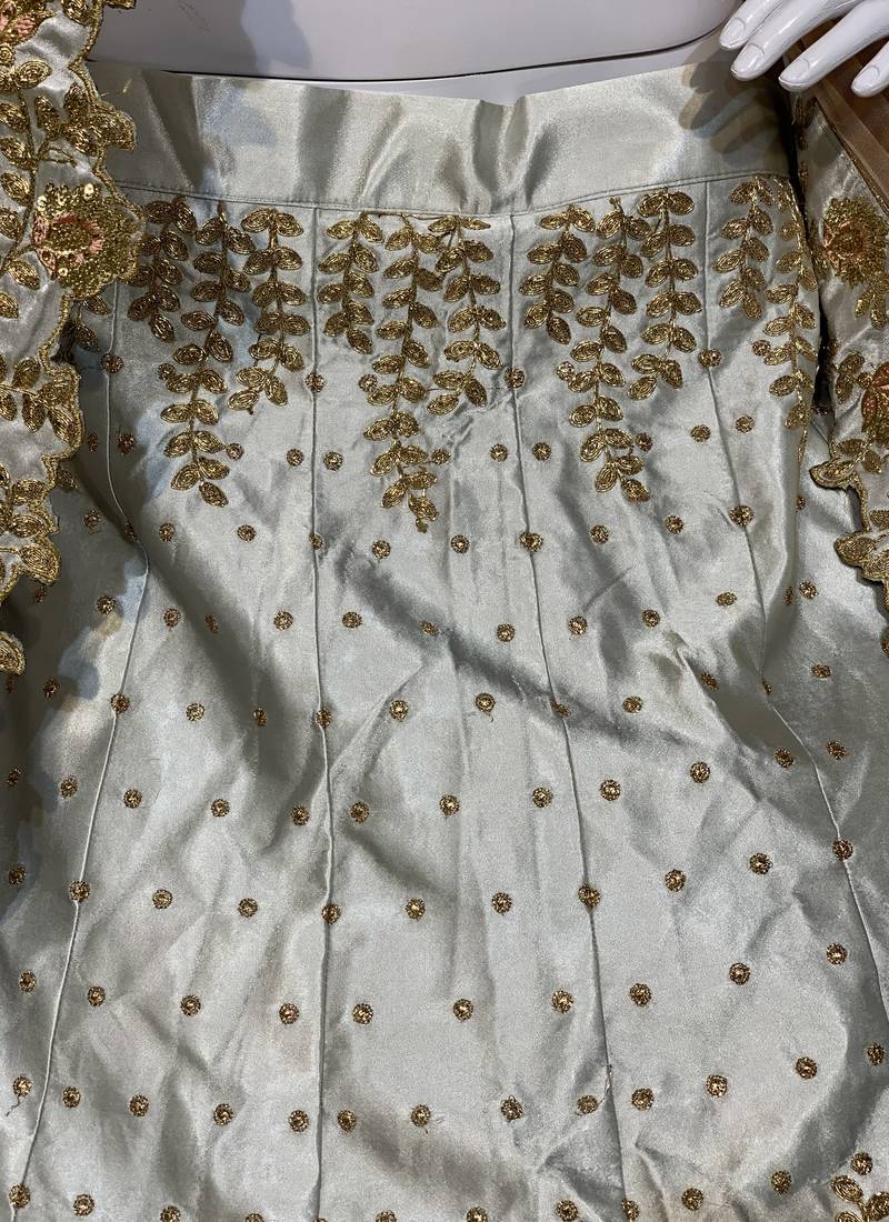 Pure Satin Silk Wedding Wear Lehenga In Light Grey With Embroidery And Crystal Stone Work