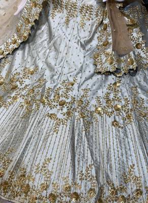Pure Satin Silk Wedding Wear Lehenga In Light Grey With Embroidery And Crystal Stone Work 3