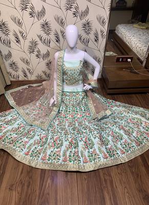 Pure Satin Silk Wedding Wear Lehenga In Light Blue With Embroidery And Crystal Stone Work 1