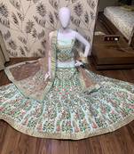 Pure Satin Silk Wedding Wear Lehenga In Light Blue With Embroidery And Crystal Stone Work