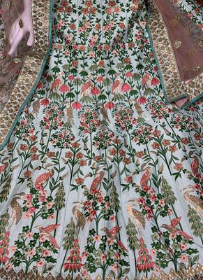 Pure Satin Silk Wedding Wear Lehenga In Light Blue With Embroidery And Crystal Stone Work 2