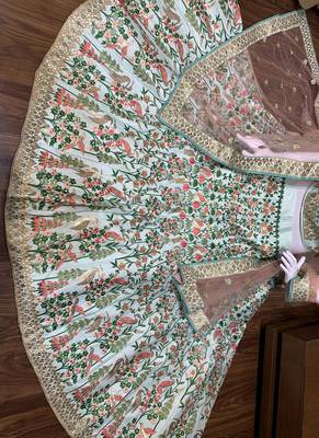 Pure Satin Silk Wedding Wear Lehenga In Light Blue With Embroidery And Crystal Stone Work 4