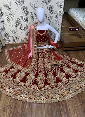 Pure Micro Velvet Wedding Wear Lehenga In Red With Embroidery And Crystal Stone Work 1