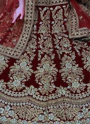 Pure Micro Velvet Wedding Wear Lehenga In Red With Embroidery And Crystal Stone Work 2