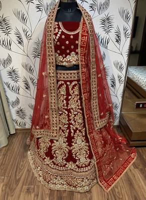 Pure Micro Velvet Wedding Wear Lehenga In Red With Embroidery And Crystal Stone Work 3