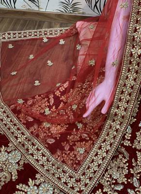 Pure Micro Velvet Wedding Wear Lehenga In Red With Embroidery And Crystal Stone Work 4