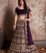 Wine embroidered velvet semi stitched lehenga