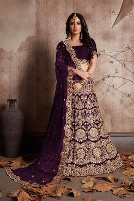 Wine embroidered velvet semi stitched lehenga 2