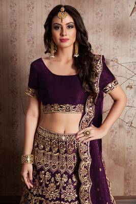 Wine embroidered velvet semi stitched lehenga 3