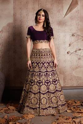 Wine embroidered velvet semi stitched lehenga 4