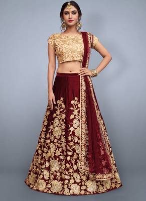 Maroon embroidered velvet semi stitched lehenga 1
